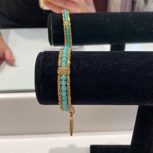 Triple Strand of Light Blue & Gold Beaded Bracelet with Feather Charm - Picture 4 of 7